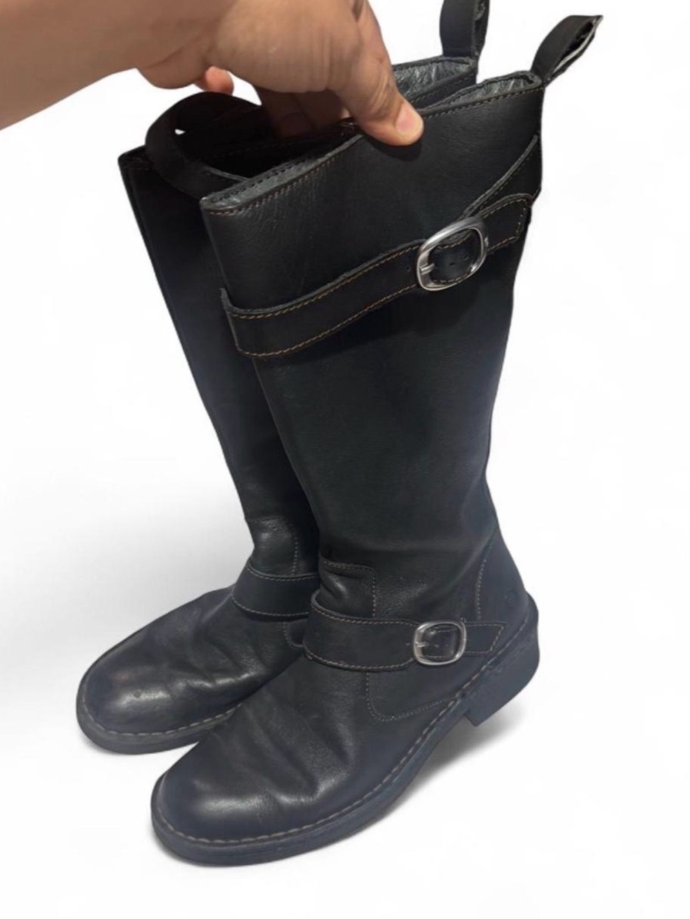 BORN Black leather knee-high boots with buckle detail #bikerboots size 7.5